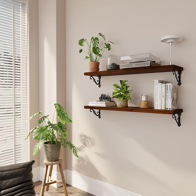 36 Inch 2 Tier Solid Wood Floating Shelves for Wall with Metal Brackets | 36 inch solid pine shelves, 2 tier, walnut finish, metal brackets for books, decor and home storage