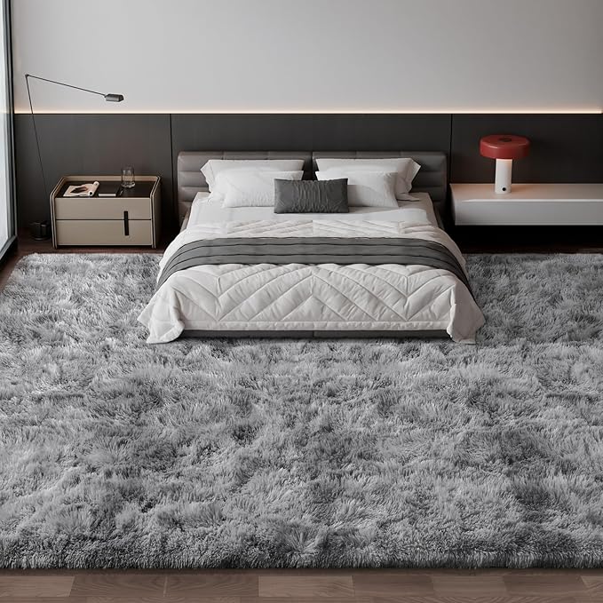 Deerhoo Large Shag Area Rugs 10 x 14, Tie-Dyed Plush Fuzzy Rugs for Living Room, Ultra Soft Fluffy Furry Rug for Bedroom, Anti-Skid Indoor Carpet Nursery Rugs for Kids Room Home Decor, Light Grey