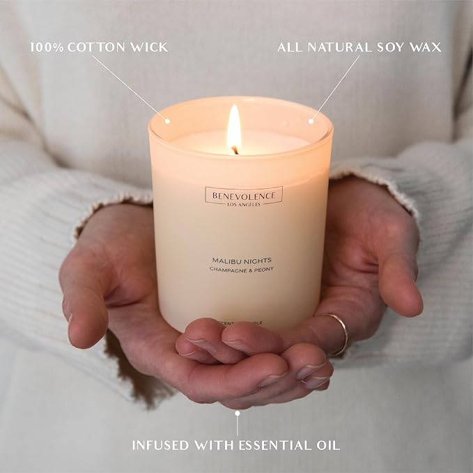 Champagne & Peony – Benevolence LA Scented Candle | 8oz, 45-Hour Burn | Natural Soy Wax, Cotton Wick | Romantic & Elegant Home Fragrance | Malibu Sands Collection – Gift for Women & Men