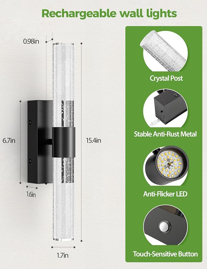 JOFIOS Battery Operated Wall Sconce Set of 2,3CCT Dimmable,10400mAh,Black Modern Rechargeable Wall Sconce with Remote,Wireless Wall Lights for Bedroom,Living Room,Hallway(15.3 inch)