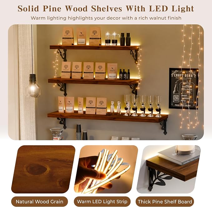 60 Inch 2 Tier Solid Wood Floating Shelves with LED Light, Metal Brackets | 60 inch solid pine shelves, 2 tier, warm LED light, walnut finish, metal brackets for books and decor