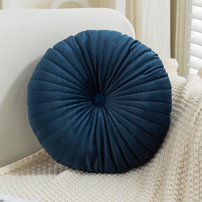 Teieas Velvet Round Throw Pillow Pleated Round Pillow Cushion Decoration for Couch Chair Bed Car Lake Blue