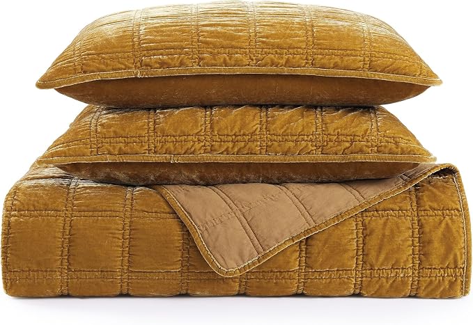 HiEnd Accent Stella Faux Silk Velvet Double Box Stitch 3 Piece Quilt Set, Full Queen Size, Saffron Solid Color, Classic Chic Modern Rustic Elegant Bedding Set, Lightweight Bed Set