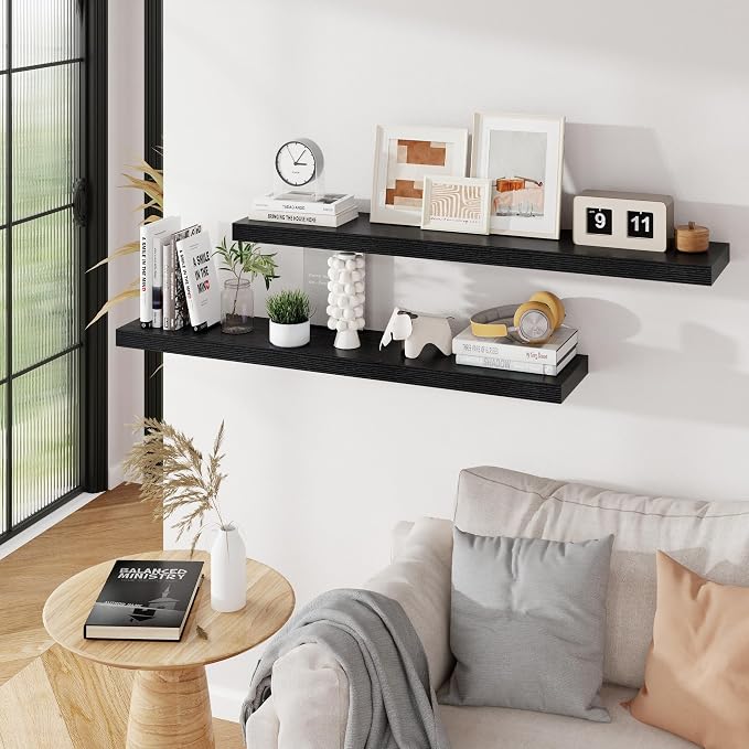 48 inch Floating Shelves, Black Extra Long Floating Shelves with Invisible Brackets, 9.3in Deep Wooden Shelf for Living Room, Bathroom, Kitchen, Office, Floating TV Stand, 2 Packs