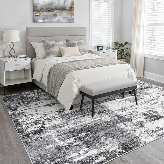 7x9 Area Rug Living Room: Washable Large Neutral Rug Abstract Soft Modern Stain Resistant Indoor Floor Non-Slip Carpet for Bedroom Nursery Kids Office Playroom Dining Room Under Table- Black White