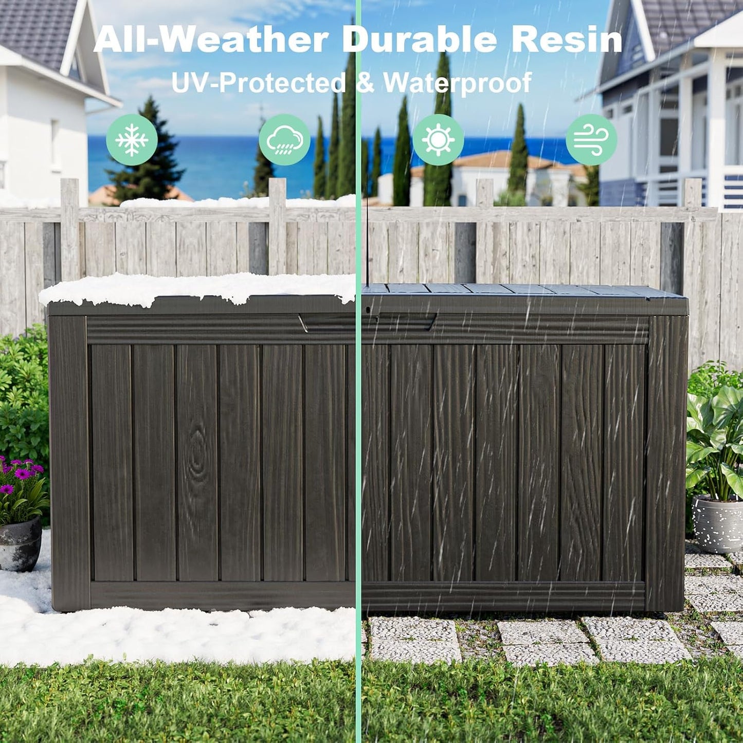 DRATO 75 Gallon Deck Box, Waterproof Resin Large Outdoor Storgae Box for Patio Furniture, Patio Cushions, Gardening Tools, Pool and Sports Supplies, Lockable