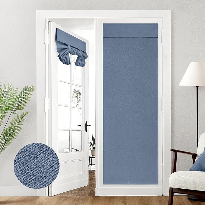 HOMEIDEAS 100% Stone Blue Linen Blackout French Door Curtains, Privacy Door Window Curtains, 26 X 72 Inch Room Darkening Blinds, Thermal Insulated Shades for Bedroom, 1 Panel
