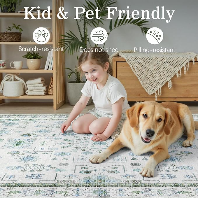 DCX Green 5x7 Rug, Kid & Pet Friendly with Rubber Back Non Slip, Machine Washable Stain Resistant Vintage Boho Floral Rug for Living Room, Bedroom, Soft Low Pile Large Nursery Carpet