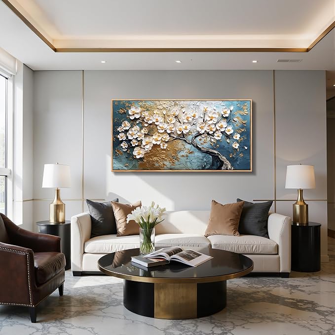 imjiayu Large Framed Wall Art, Tree of Life Wall Art, Modern Art Wall Decor, Japanese White Floral Tree Prints, Nature Canvas Paintings Wall Decor for Living Room Bedroom Office Hallway 24"x48"