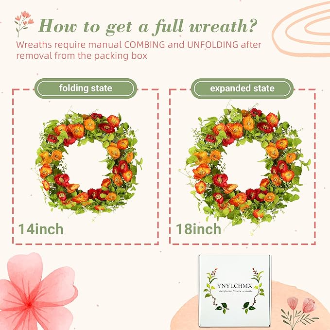 YNYLCHMX 18" Spring Summer Wreaths for Front Door, Artificial Floral Wreath with Poppy Flowers Green Tea Leaves, Green Foliage Wreath for Wall Window Farmhouse Party Holiday Home Decor