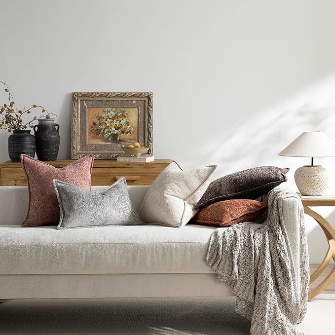 DEZENE Pack of 2 Beige Decorative Throw Pillow Covers 18x18 Cozy Soft Chenille Boho Accent Vintage Farmhouse Square Couch Pillow Covers for Home Decor Bed Sofa Living Room