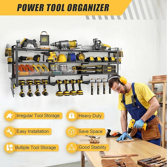 Jusgym Large 49''W Power Tool Organizer Wall Mount |650lbs Garage Storage Rack with 12 Cordless Drill Holder |4-Tier Heavy Duty Tool Storage Rack for Garage Organization |Gift for Men