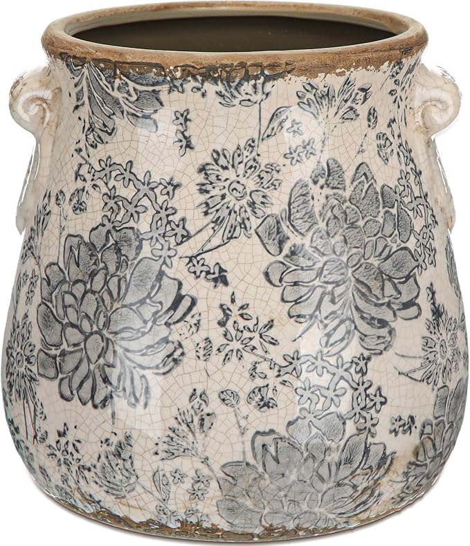 Ceramic Scroll Planter 6.5 Inch Chinoiserie Floral Vase with Drainage Holes Vintage Flower Vase Flower Pot Rustic Ceramic Pots for Indoor Plants Garden Home Bookshelf Decor(Gray)