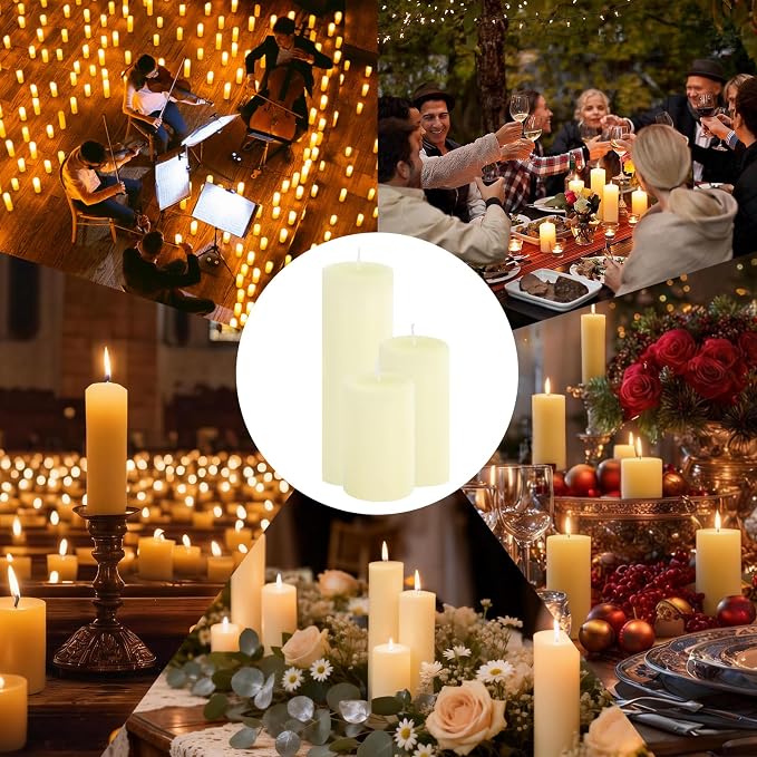 72-Pack Ivory 2-Inch Wide Pillar Candles, Bulk Set of 3 Heights (3, 4, 6 Inch), Dripless Unscented Smokeless Hurricane Candles for Creating Warm Elegant Atmosphere at Weddings and Events.