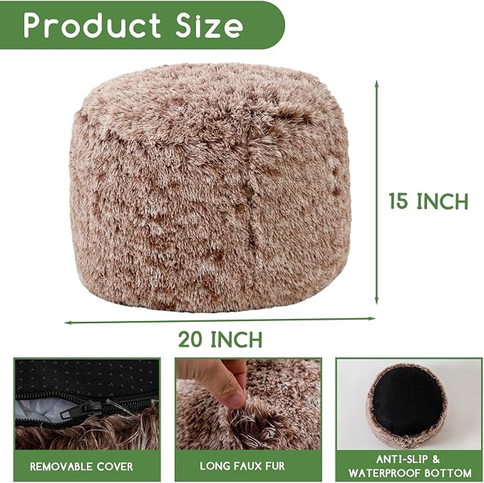 HIGOGOGO Round Stuffed Pouf Ottoman, Long Faux Fur Poufs with Foam Chunk Filling, Fluffy and Furry Pouf Foot Stool Storage Ottoman, 20 X 15 Floor Poufs Foot Rest for Living Room, Snow Coffee