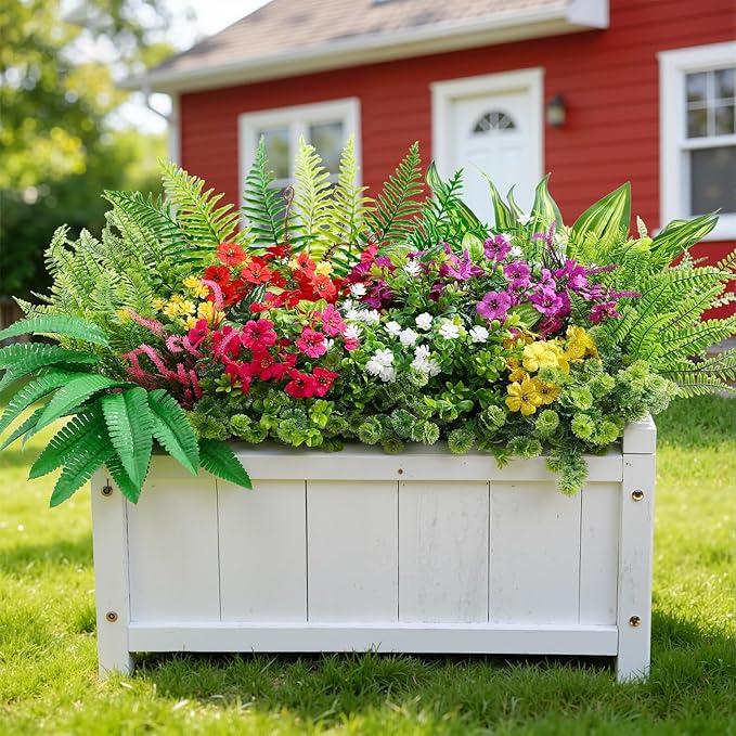 Alupssuc 48 Pcs Artificial Plants Flowers for Outdoors, Realistic Faux UV Resistant Greenery & Silk Flowers,Fake Plastic Shrubs Stems No Fade for Indoor Outside Garden Patio Spring Planter Home Decor