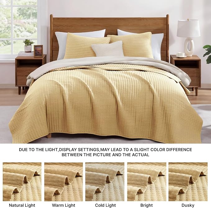 WRENSONGE Queen Quilt-3 Pieces Lightweight Bedspreads Chamomile Yellow Queen Size Quilt Bedding Set for All Seasons, Soft Summer Coverlet with 2 Pillow Shams Suitable for Bed & Couch