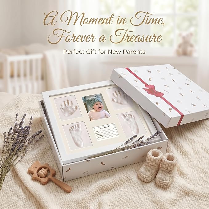 MICKYU Baby Handprint and Footprint Kit, Newborn Keepsake Wood Picture Frame with Air-Dry Clay, Nursery Decor, White, 13 x 11 Inch