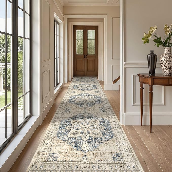 Tortania Area Rug 3x18 Runner Rugs - Washable Vintage Oriental Farmhouse Thin Indoor Carpet for Living Room Bedroom Hallway Entryway Kitchen Under Dining Table Home Office - Cream/Blue