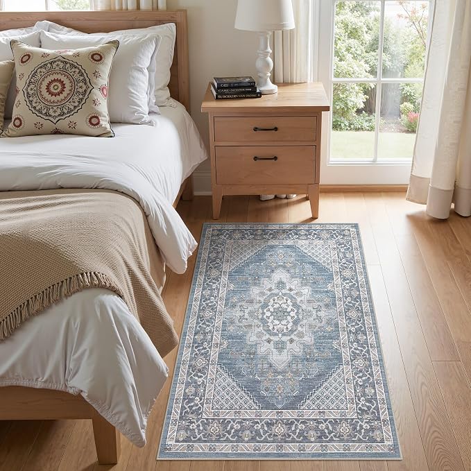 Tortania Area Rug Living Room Rugs - 3x5 Washable Rug Vintage Oriental Distressed Farmhouse Small Thin Indoor Carpet for Living Room Bedroom Under Dining Table Home Office - Blue