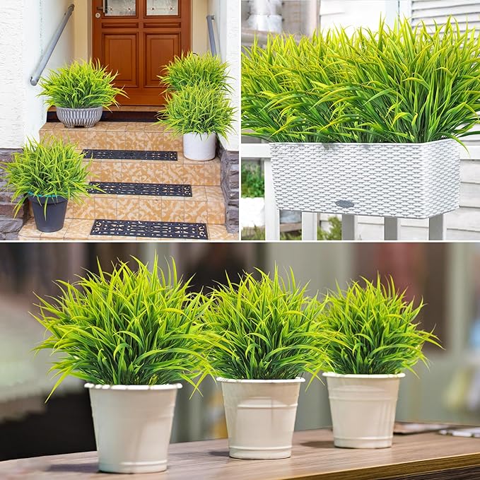 Ouddy Decor 16 Bundles Artificial Plants Outdoor Fake Grass Greenery Stems UV Resistant Faux Plastic Plants Shrubs for Spring Summer Garden Pathway Window Box Farmhouse Front Porch Home Decor, Yellow