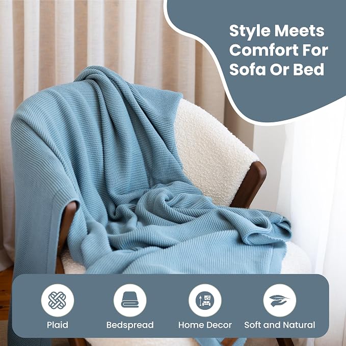 Dalisa 100% Organic Turkish Cotton Throw Blanket - GOTS Certified, Cozy - Perfect for Couch, Bed, and Home Decor - Boho Vintage Knit Alina (Smoke Blue, 60x80)