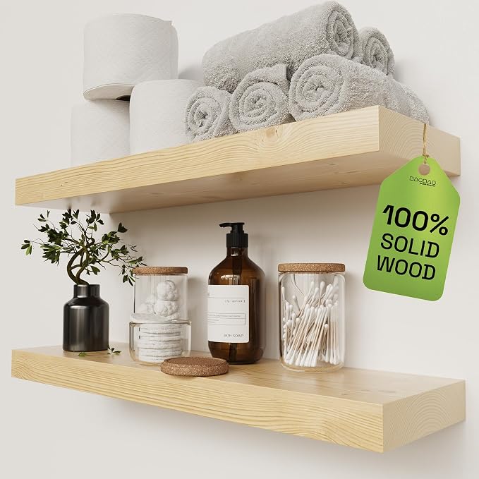 Solid Wood Floating Shelves for Wall 24 inch, Natural Wood, Wooden Shelf | Real Wood, Shelves for Bathroom Wall Mounted, Rustic Farmhouse, Bedroom Kitchen, Natural Oak Finish, 24W x 6.7D, Set of 2