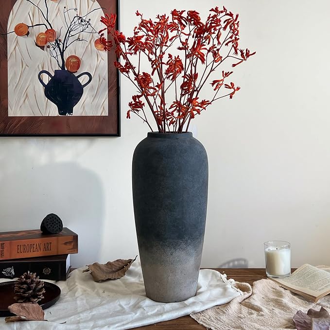 Ceramic Rustic Farmhouse Vase, 15 Inch Black Handmade Pottery Flower Vase for Home Decor, Rustic Living Room Decor, Wedding Gifts, Shelf & Table Decoration