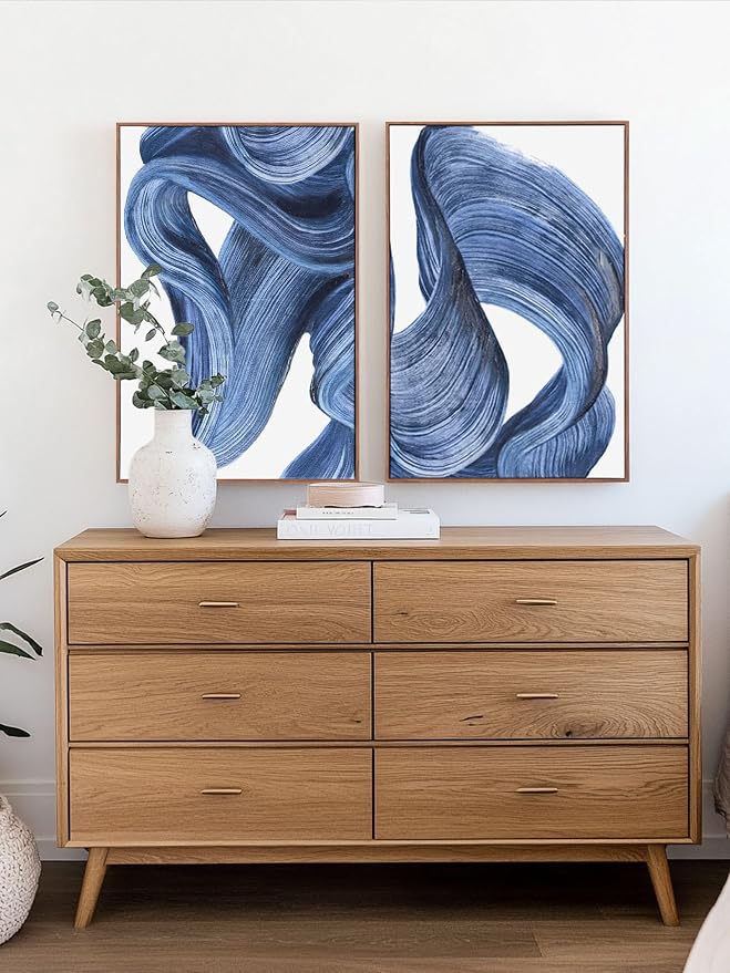 Zessonic Blue Abstract Wall Art Set of 2- Framed Twist Stroke Minimalist Graffiti on White Background Modern Canvas Artwork for Living Room, Bedroom, Office Decor, 16 x 24 Inches x 2