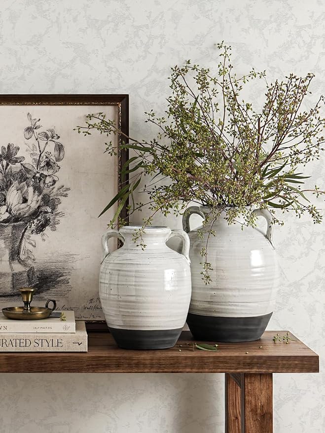 White Ceramic Vase, 9.5 Inch Large Farmhouse Flower Vase with Handles - Rustic Centerpiece for Living Room, Table, Bookshelf, Mantel, Entryway & Wedding Decor (Aurora White)