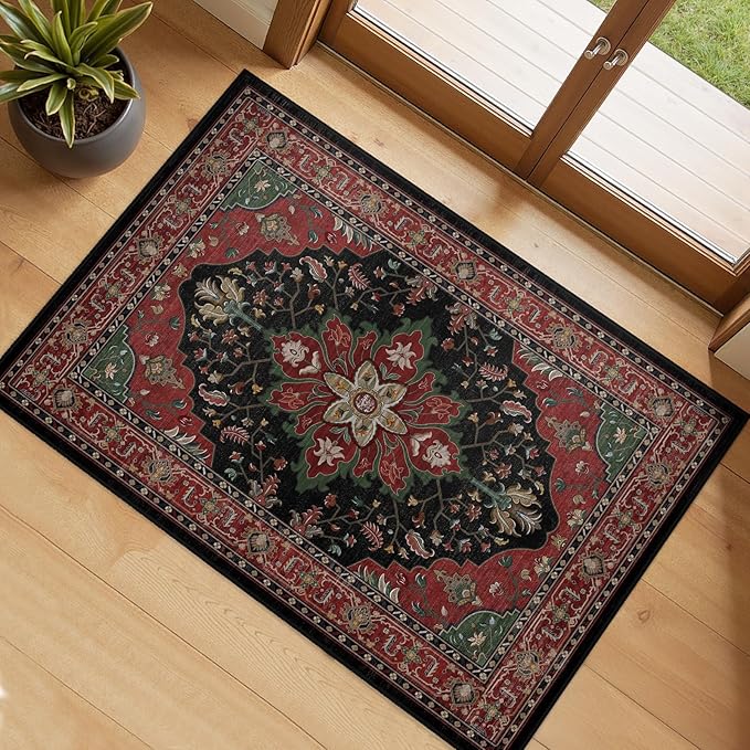 RELEANY Area Rugs 2'x3' Kitchen Rugs Entry Rug Small Rugs for Entryway Kitchen Bathroom Door Mat Indoor Entrance,Washable Non Slip, Red Black