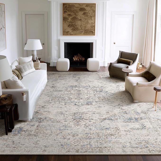 Machine Washable Rugs for Living Room: 9x12 Area Rugs for Bedroom Ultra Soft Non-Slip Low Pile Vintage Distress Boho Large Carpet for High-Traffic Dining Room - Farmhouse Decor
