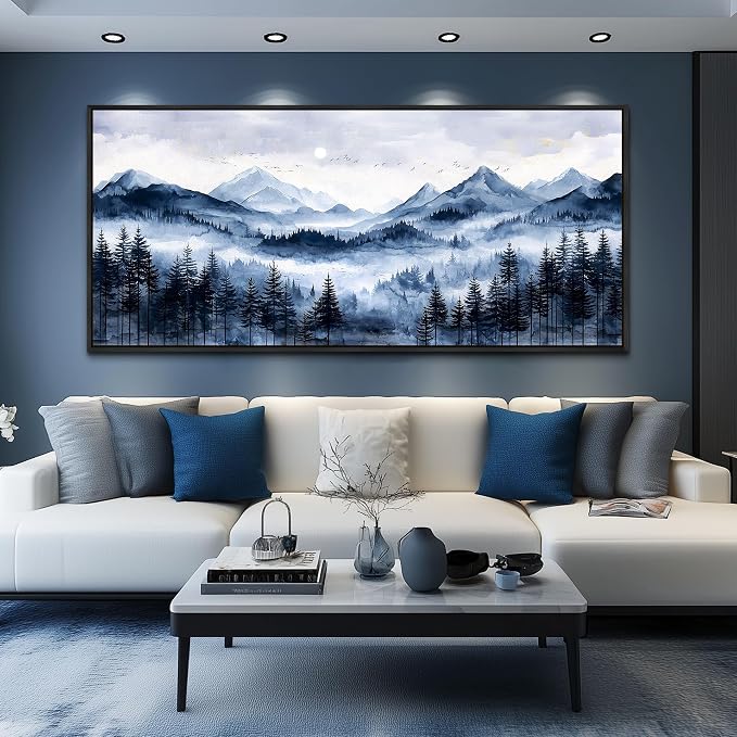 ERQINHUA Canvas Wall Art For Bedroom Large Wall Decor For Living Room Office Mural Misty and Fog Forest Painting Mountain Landscape Picture Artworks Home Decor Black Framed Ready To Hang 32x72 In