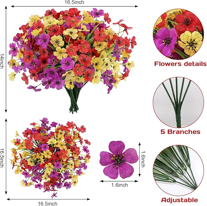 Geegoods Artificial Mums Flowers for Outdoors, 12 Bundles UV Resistant Fake Plastic Colorful Mix Flowers for Patio Porch Spring Summer Decor