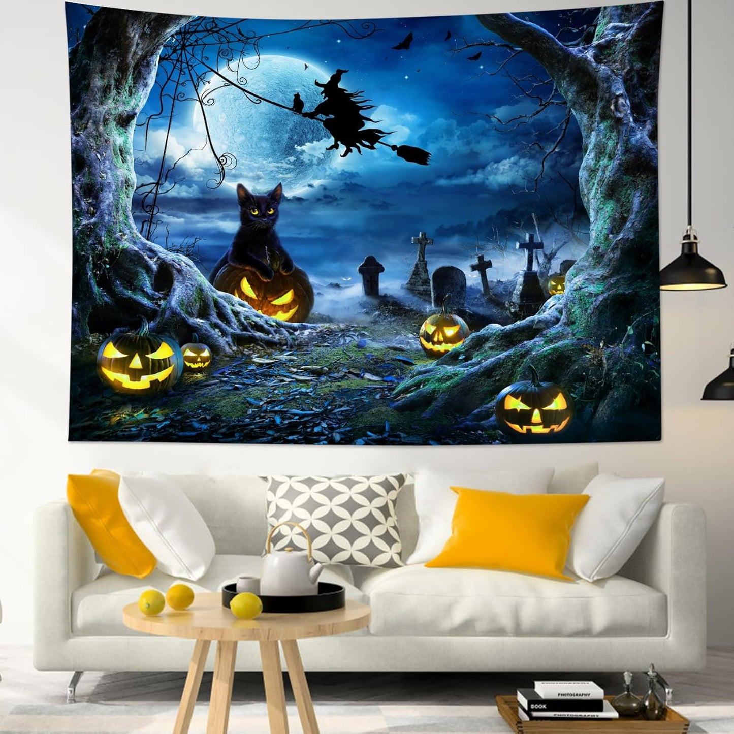 LB Halloween Wall Tapestry 59x51 Inch - Spooky Graveyard Scene with Witch, Black Cat, Pumpkin, Full Moon & Dead Tree Decor for Bedroom, Living Room, Dorm, Party