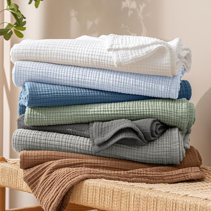 PHF 100% Cotton Muslin Throw XL Blanket Large 50" x 70", 4-Layer Lightweight Gauze Throw, Breathable Cloud-Soft Minimalist Blanket for Bed, Couch, Camping & Baby, Ancient Water, Ideal Gift