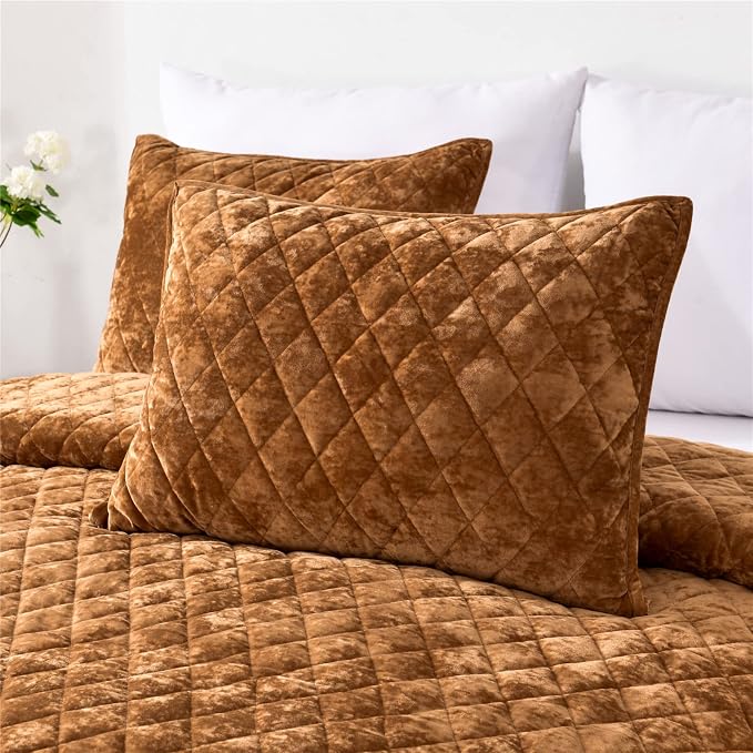 Fredsure Distressed Velvet Quilt Set, 3 Pieces Camarel Gold Queen, Distressed Velvet Face and Brushed Microfiber Reverse, with Diamond Quilting