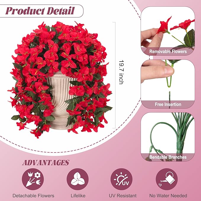 INXUGAO 2 pcs Artificial Faux Bougainvillea Flowers Plants for Outdoor Outside Summer Decoration, Fake Silk UV Resistant Long Trailing Vines for Front Door Porch Planter Balcony