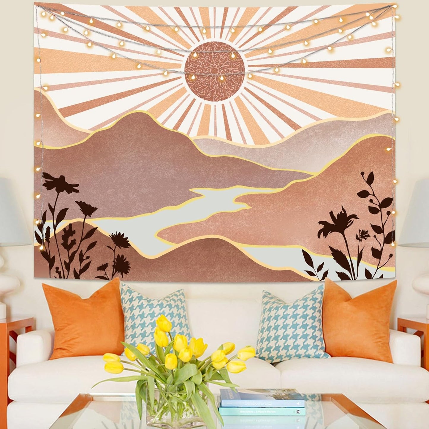 Lunerfex Boho Sun Tapestry Sunset Wall Tapestry, Mountain Tapestries for Bedroom 80s Tapestries Wall Hanging for Bedroom Living Room Decor Boho-1 60"x80"