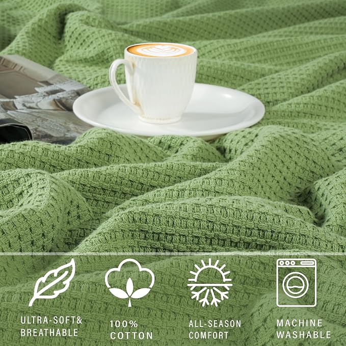 TreeWool Premium 100% Cotton Waffle Summer King Blanket (90"x108", Sage) | 420 GSM Breathable Lightweight Moisture Wicking Soft Knit Thermal Blanket for Bed or Sofa All-season Comfort Machine Washable