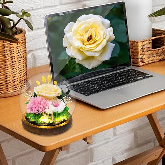 MOKOQI Yellow Rose Birthday Gifts for Women | Mothers Day Gifts for Mom Grandma - Preserved Real Rose in Glass Dome with LED Strip | Fresh Flowers for Delivery on Birthday