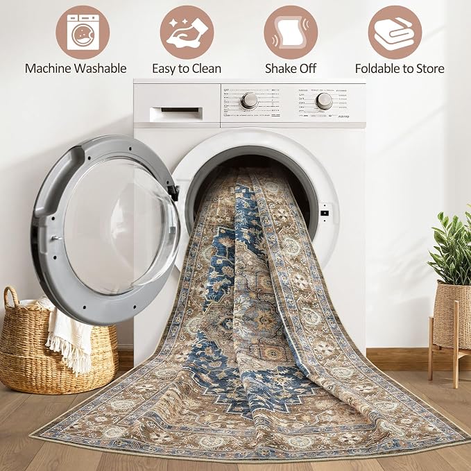 Runner Rug Kitchen Washable Rugs: 3x10 Non-Slip Boho Vintage Stain Resistant Indoor Neutral Farmhouse Throw Carpet for Hallway Bathroom Laundry Room Entryway Bedroom- Yellow Blue