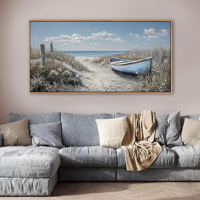 Coastal Wall Art for Living Room Vintage Boat Artwork for Walls, Framed Landscape Canvas Wall Art Blue Ocean Beach Pictures, Farmhouse Sailboat Bedroom Decor Above Bed 24×48IN