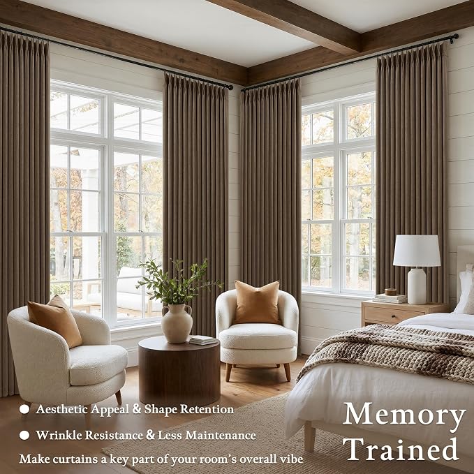 Dutch Cocoa 108 Inch Pinch Pleated Blackout Linen Curtains for Bedroom 2 Panels Memory Trained 100% Black Out Soundproof Room Darkening Window Curtains Double Layer Pinch Pleat Drapes