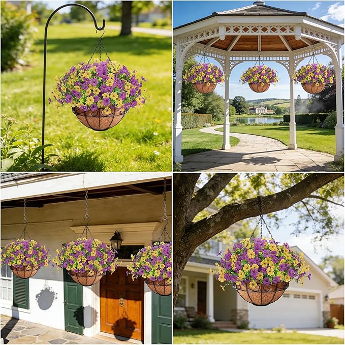 Artificial Fake Hanging Flowers Plants Basket Outdoors, Faux Silk UV Resistant Look Real Daisy Eucalyptus for Spring Summer Garden Porch Home Patio Balcony Yard Decorations, Yellow Purple
