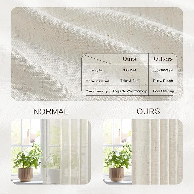 90 Inch Curtains Pinch Pleated Linen Curtain for Living Room, Floor to Ceiling Light Filtering Pleat Drapes Natural Textured Thick Semi-Sheer Window Curtains with Hooks for Bedroom Farmhouse, 2 Panels