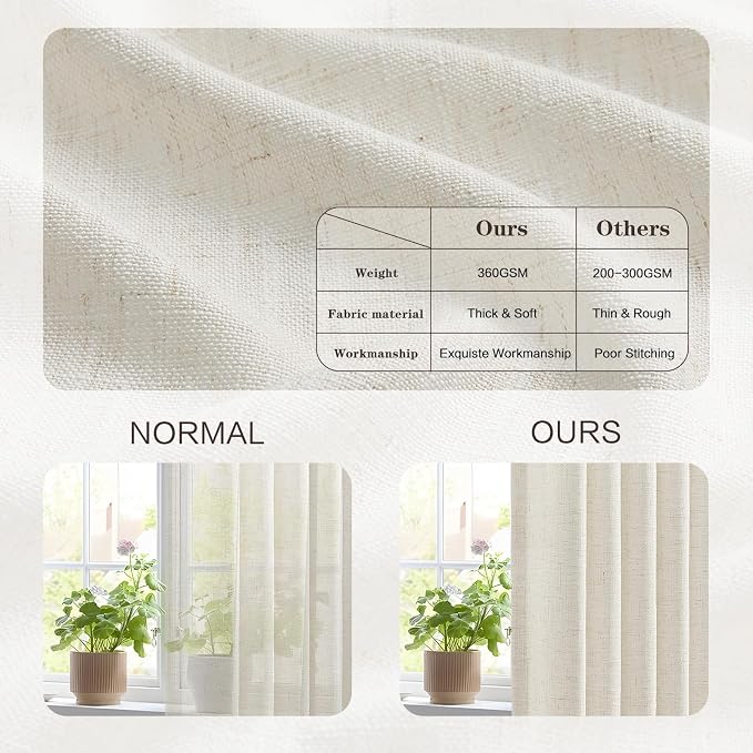 Pinch Pleated Extra Wide Linen Curtains 90 Inch Long for Sliding Glass Door, Natural Light Filtering Curtain Textured Thick Semi-Sheer Pleat Drapes with Hooks 60 Inch Width for Living Room Farmhouse