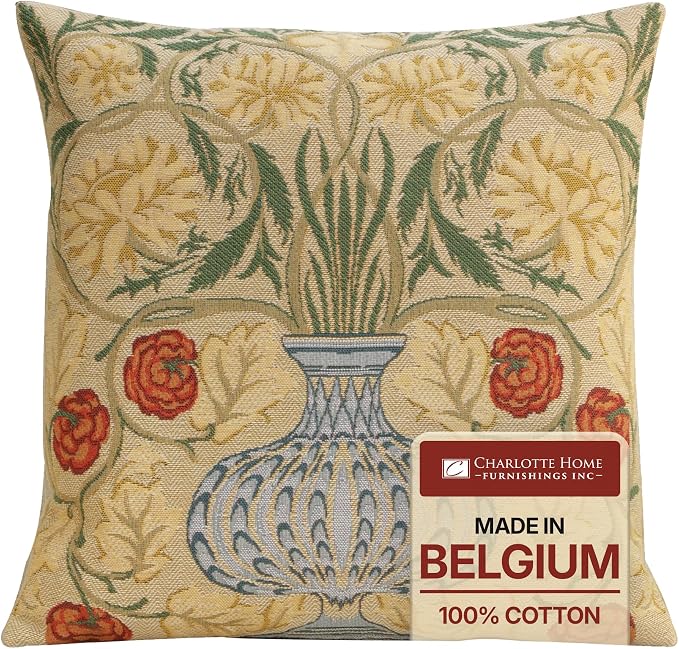 Charlotte Home Furnishings Inc Yellow Rose Throw Pillow Covers 18x18, European 100% Cotton Jacquard Woven Fabric, Boho & Vintage Inspired Decorative Cushion for Living Room and Sofa