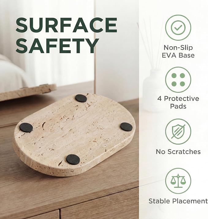 YKAJO Natural Travertine Beige Oval Marble Tray, 11.8x5.9 Vanity Organizer | Honed natural stone; jewelry & trinket dish, ring & key holder, soap & candle catchall; bath counter, dresser, coffee table