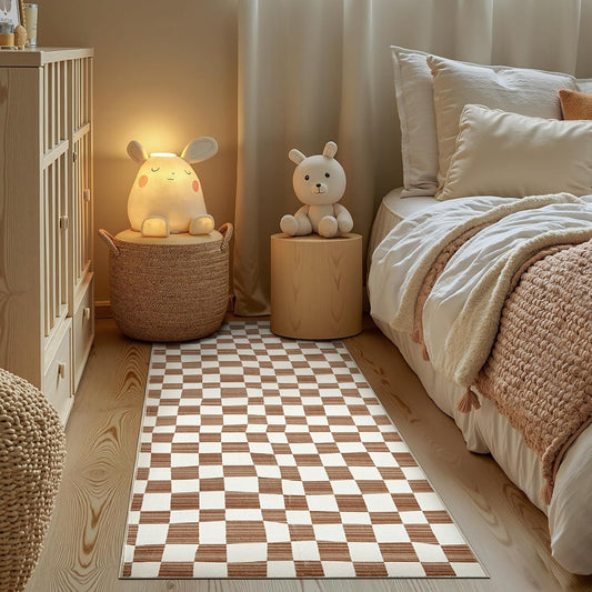 jinchan Runner Rug 2x5 Hallway Washable Modern Checkered Geometric Lattice Kids Bedroom Rug Indoor Floor Cover Non Slip Soft Carpet for Nursery Room Kitchen Laundry Room Home Brown